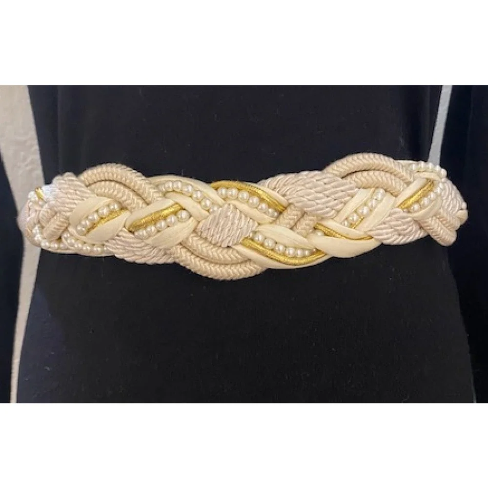 USED Vintage Cream/Off White Braided Woven Cord Belt with pearl & gold detailing